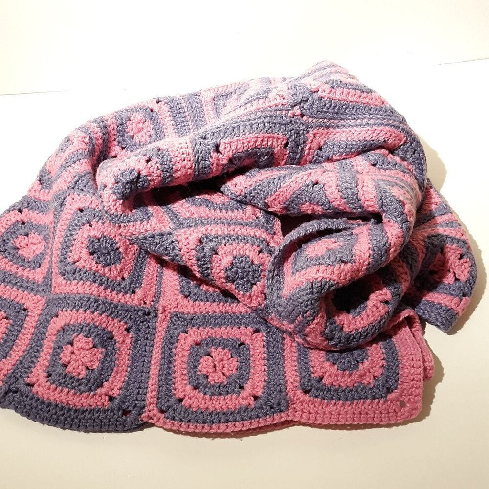 Hand Crocheted Baby Afghan Graney Square Pink Purple